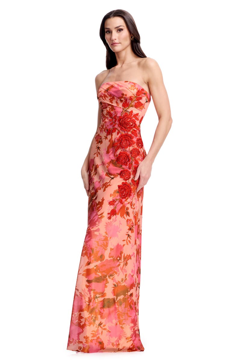 Dress the Population Kinley Floral Appliqué Strapless Gown, Alternate, color, Peach Multi