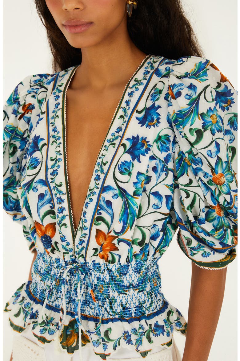 Floral Plunge Neck Smocked Top, Alternate, color, FLORA TILE OFF-WHITE