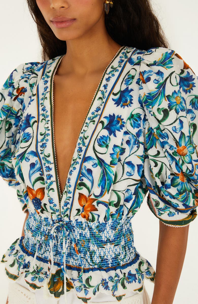 FARM Rio Floral Plunge Neck Smocked Top, Alternate, color, Flora Tile Off-White