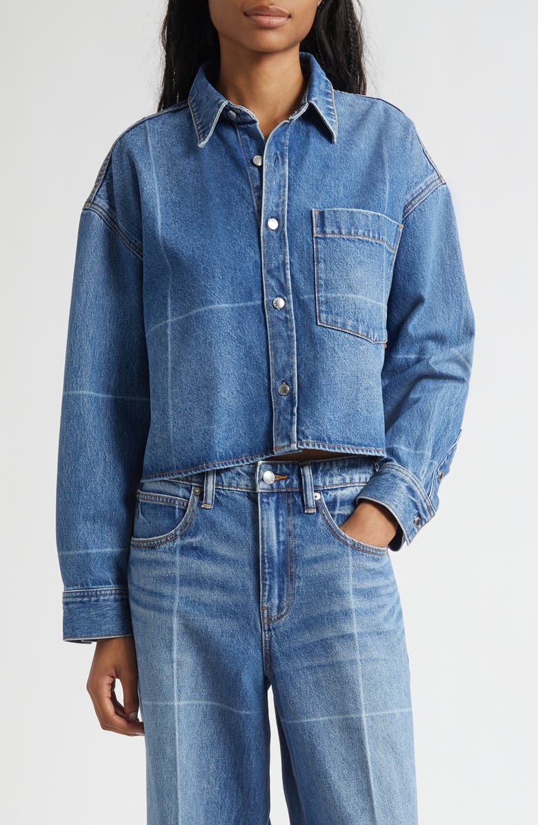 Alexander Wang Crop Denim Shirt Jacket, Main, color, Vintage Marbled Blue