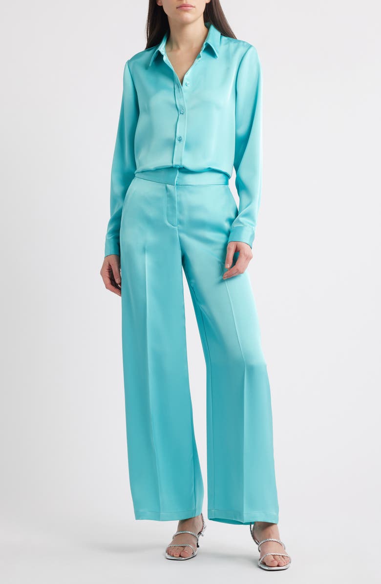 Tahari ASL Wide Leg Satin Pants, Alternate, color, Turquoise