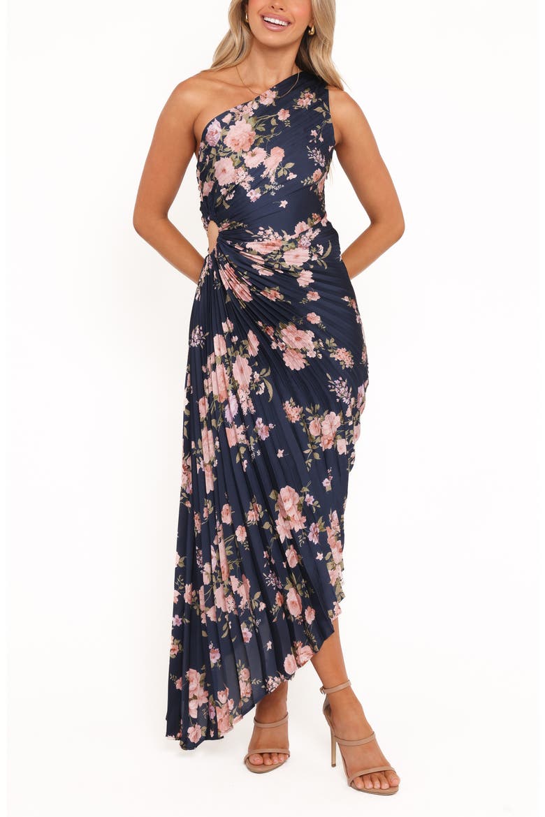 Kleo Pleated One-Shoulder Maxi Dress, Main, color, NAVY FLORAL