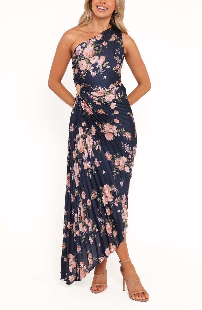 Petal & Pup Kleo Pleated One-Shoulder Maxi Dress, Main, color, Navy Floral