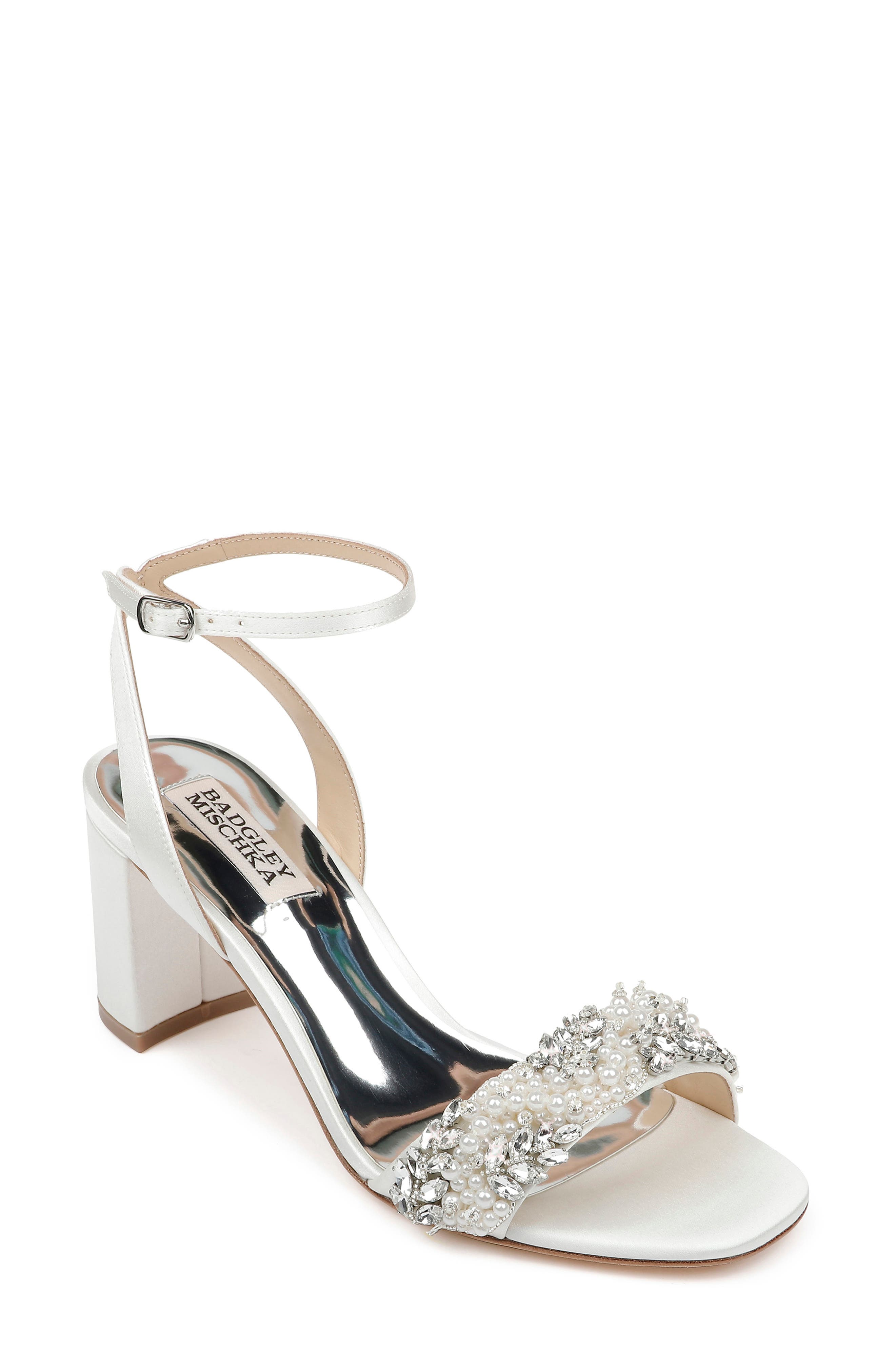 Badgley Mischka Collection Clara Embellished Sandal, Main, color, Soft White Satin