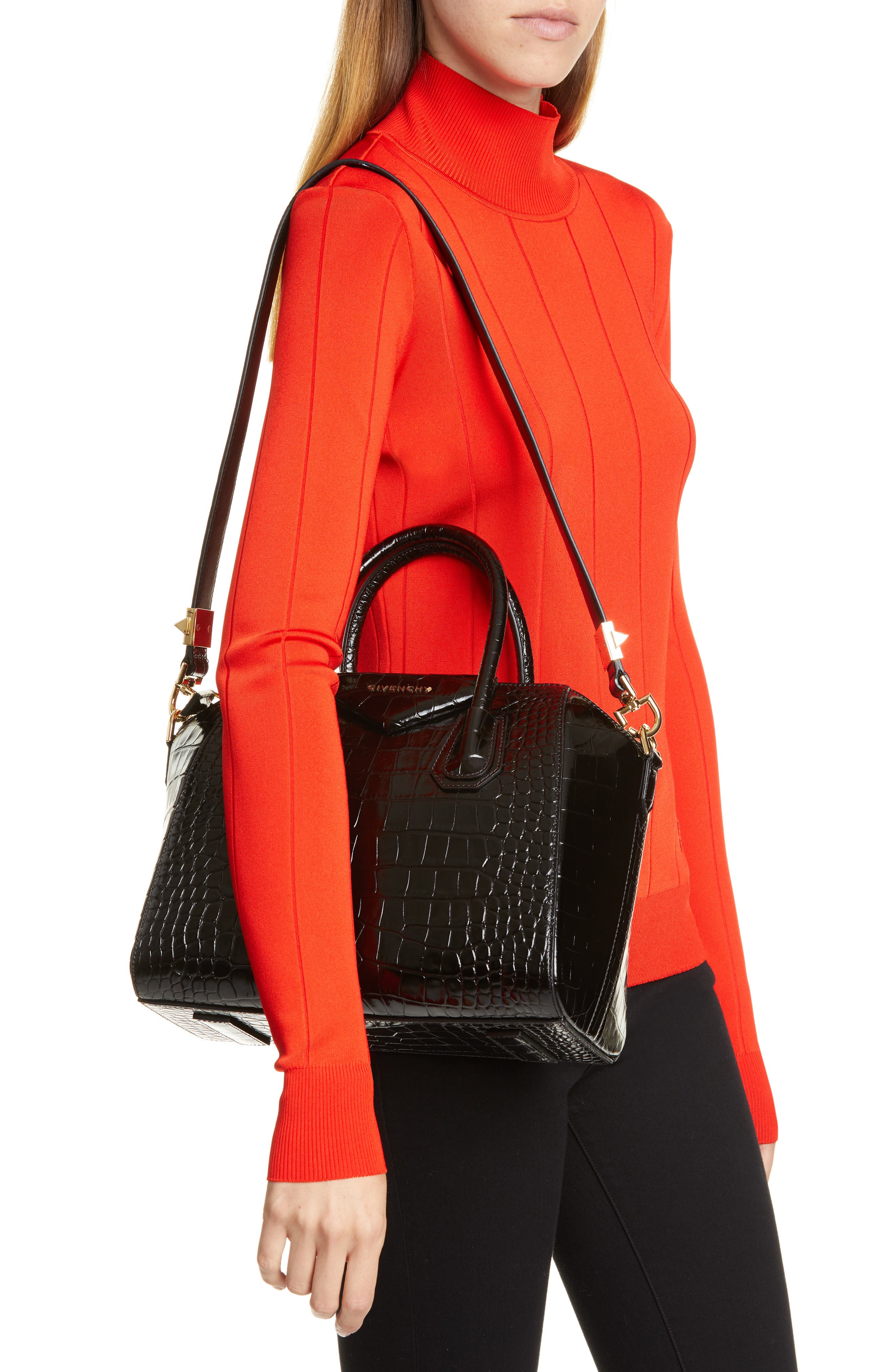 Givenchy Small Antigona Croc Embossed Calfskin Satchel, Alternate, color, 