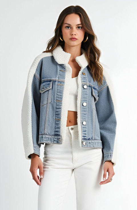 Denim Jacket with Faux Shearling Collar and Contrast Trim