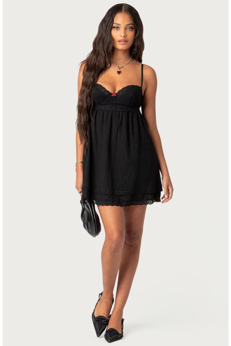 Bonny Eyelet Trim Cotton Babydoll Minidress, Alternate, color, BLACK