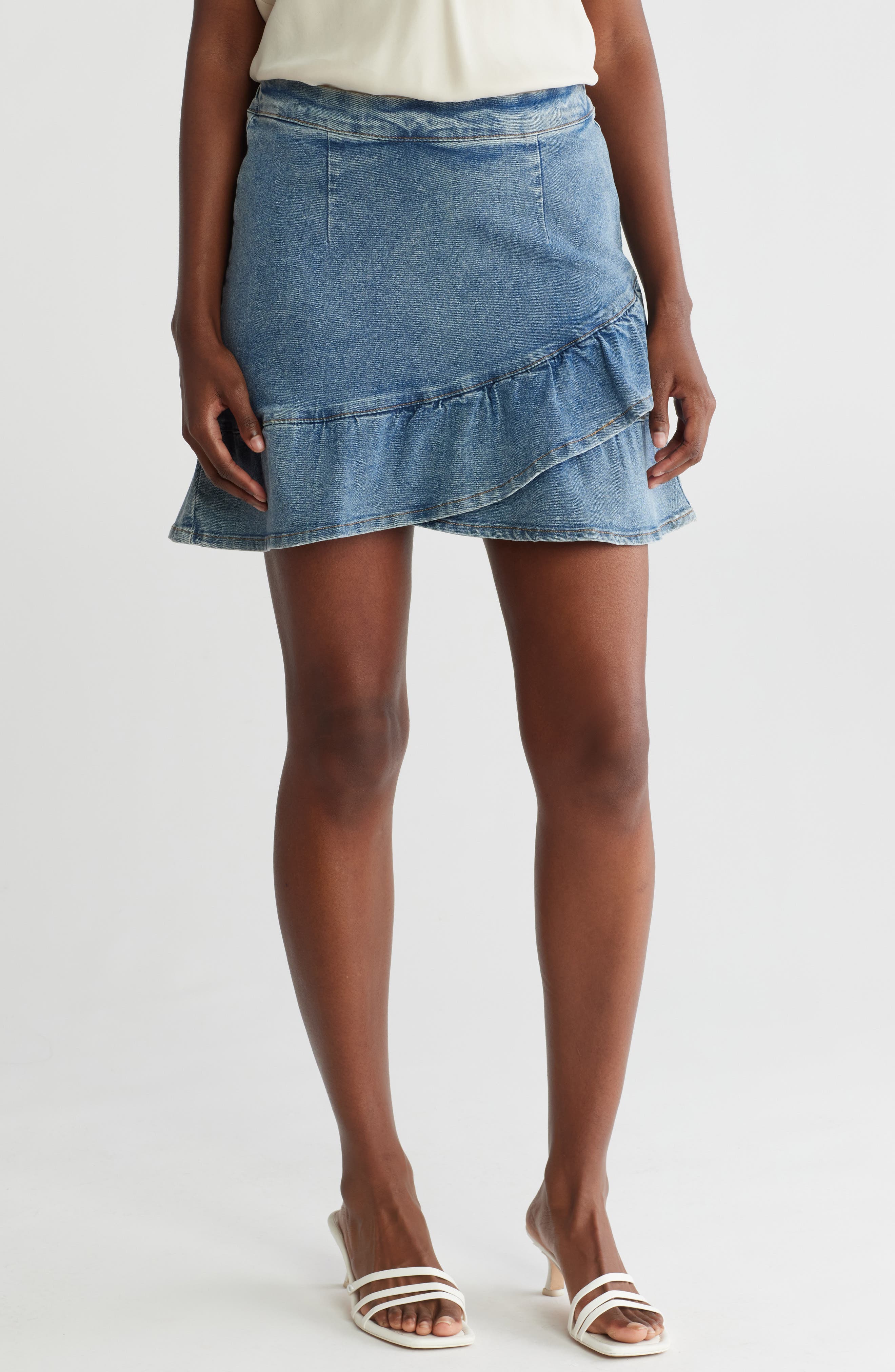 WISHLIST Unbalanced Ruffle Denim Miniskirt