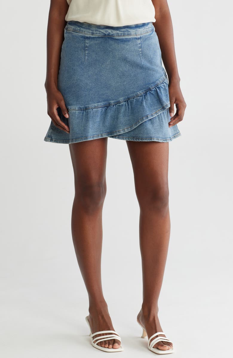 WISHLIST Unbalanced Ruffle Denim Miniskirt, Main, color, Denim