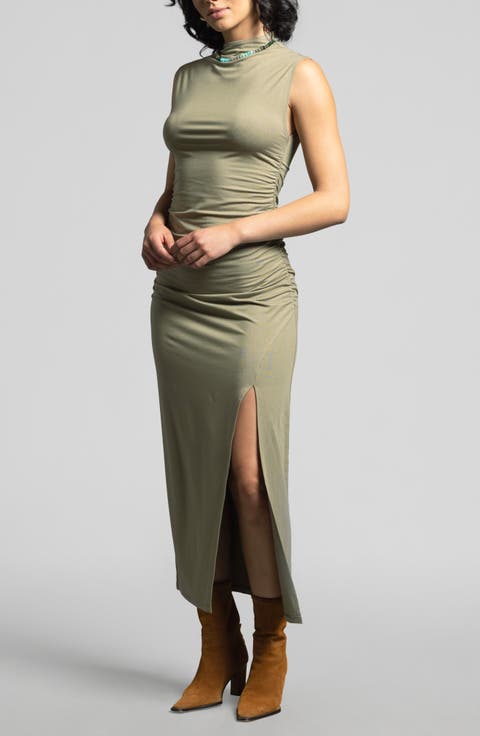 Rose Ruched Mock Neck Maxi Dress