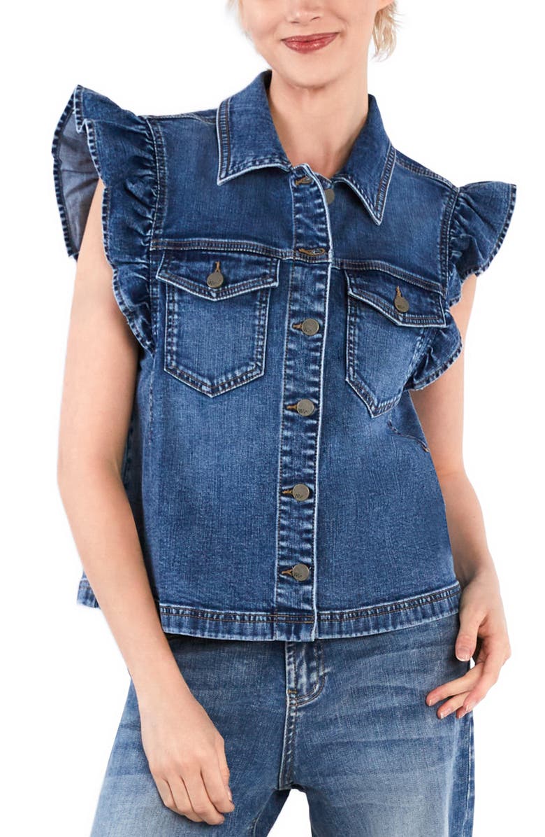 Wash Lab Denim Ruffle Denim Vest, Alternate, color, Shark Blue