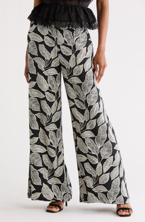 Leaf Print Wide Leg Pants