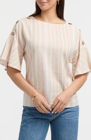 Ellen Tracy Round Neck Button Detail Linen Blend Top