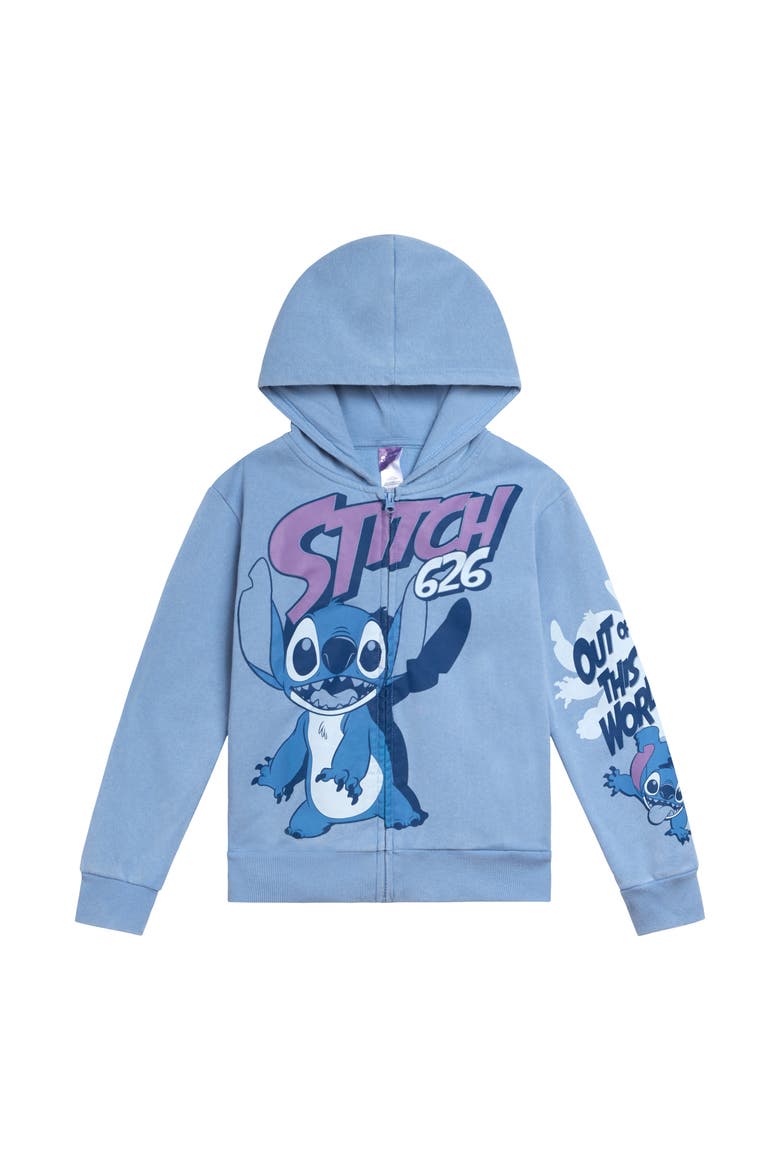 Lilo & Stitch Fleece Zip-Up Hoodie, Main, color, Acid Wash Blue Stitch