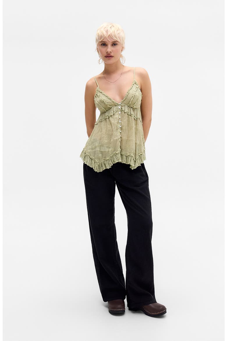 Clara Embroidered & Ruffle Trim Camisole, Alternate, color, KHAKI