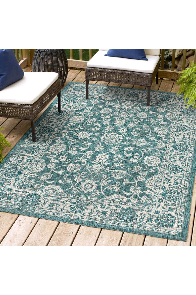 Tela Bohemian Textured Weave Floral Indoor/Outdoor Area Rug, Alternate, color, Teal/Gray