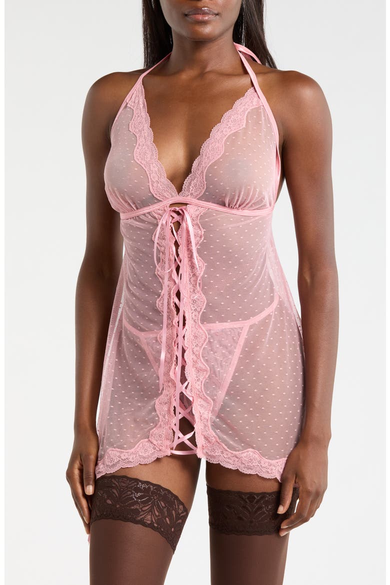 Swiss Dot Mesh Basque & G-String Set, Main, color, PETAL PINK