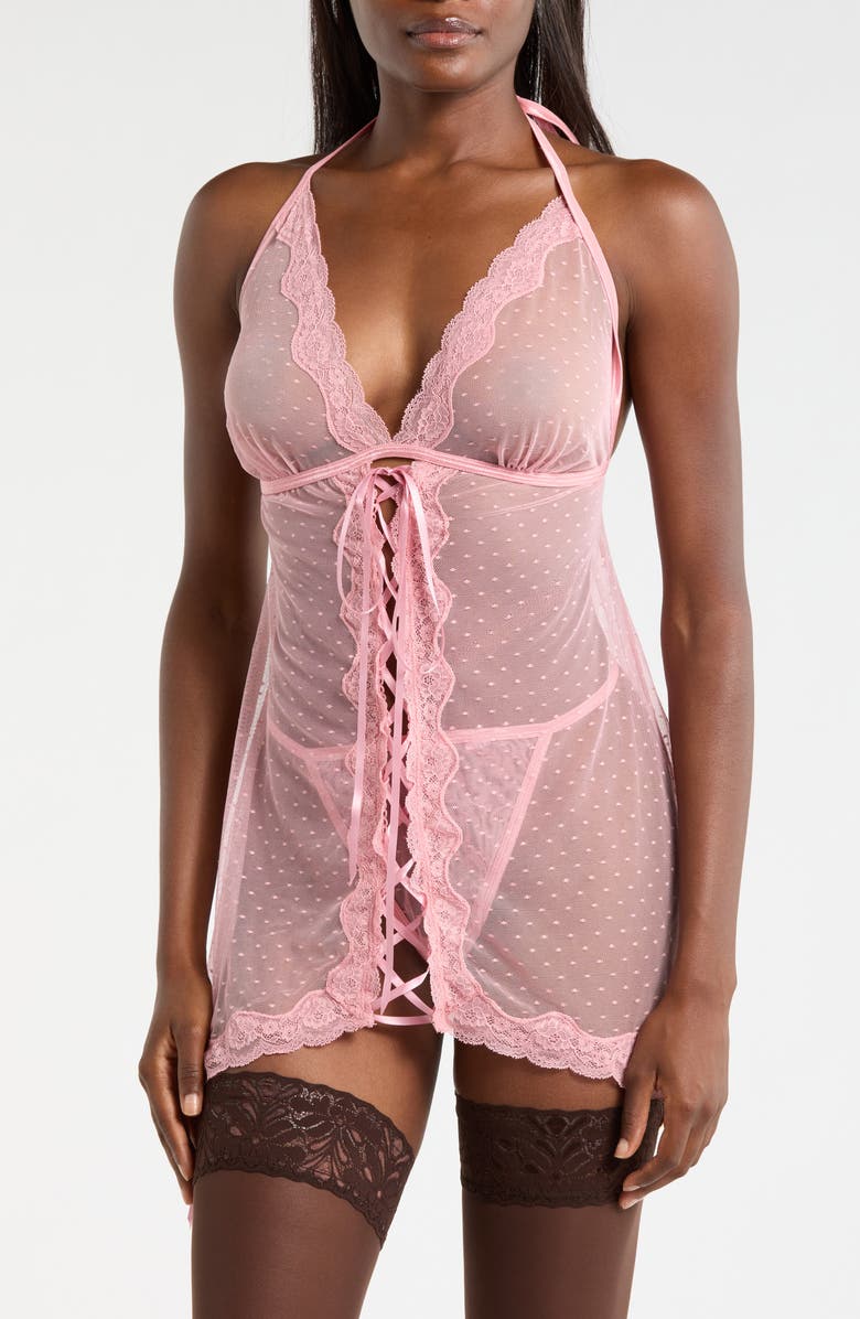Dreamgirl Swiss Dot Mesh Basque & G-String Set, Main, color, Petal Pink