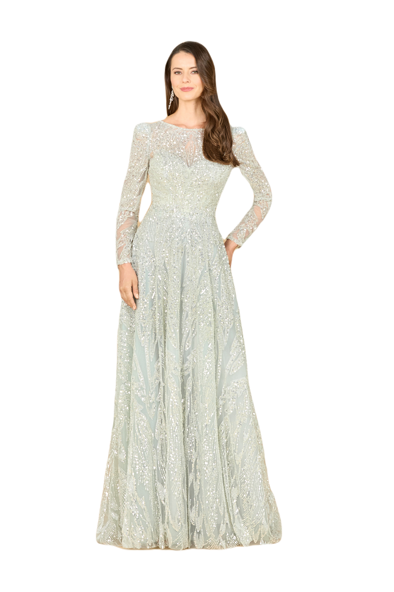 Long Sleeve Beaded Lace Gown, Main, color, Frost