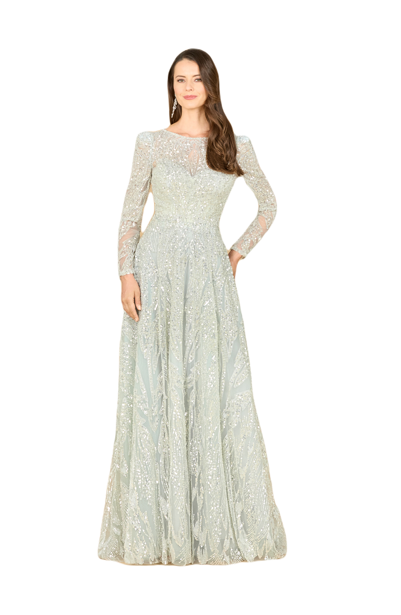 LARA New York Long Sleeve Beaded Lace Gown, Main, color, Frost