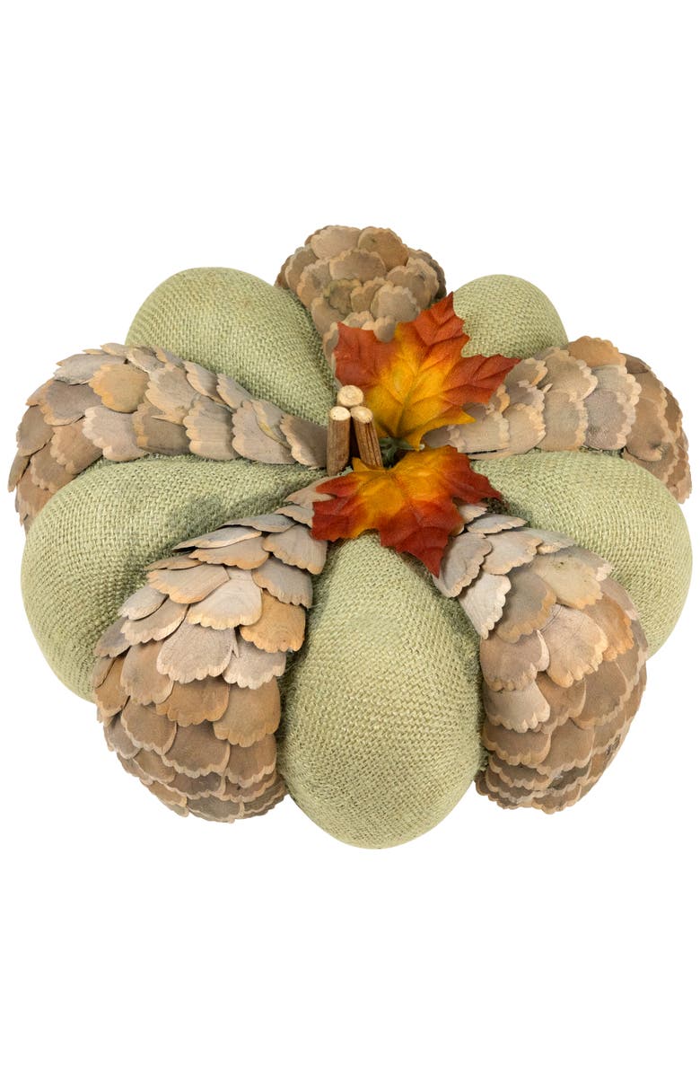 Northlight Layered Wood Petals and Burlap Fall Harvest Pumpkin - 10" - Green and Beige, Alternate, color, Beige