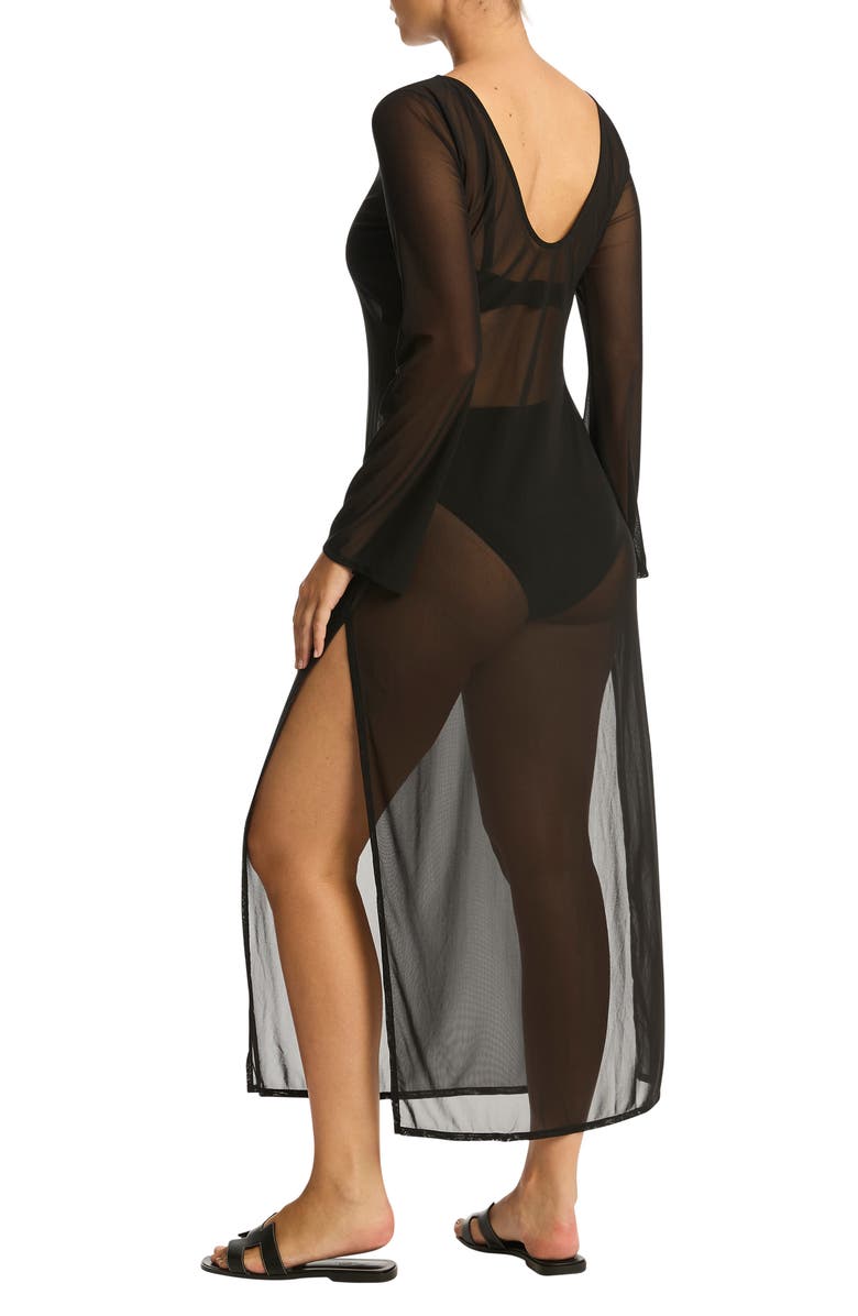 Sea Level Day Club Long Sleeve Mesh Cover-Up Dress, Alternate, color, Black