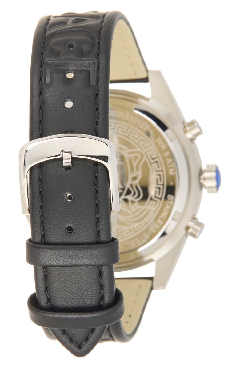 Versace Athletic Chrono Leather Strap Watch, 44mm, Alternate, color, Stainless Steel/ Black