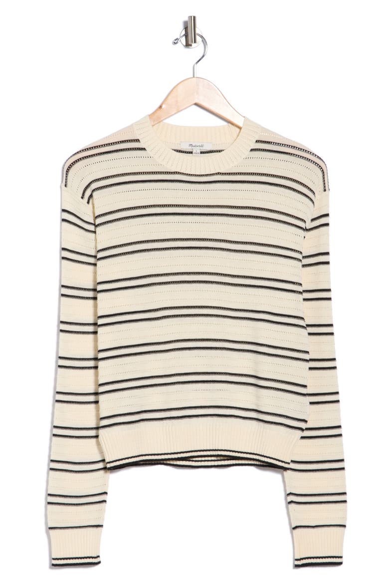 Striped Textured Stitch Cotton Crewneck Sweater, Alternate, color, NAVY/ IVORY MINI STRIPE