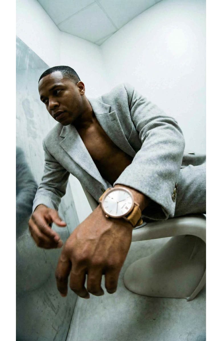 NCMPRBL Lucky Me Genuine Suede Leather Strap Watch, 40MM, Alternate, color, Tan/Eggshell White/Rose Gold