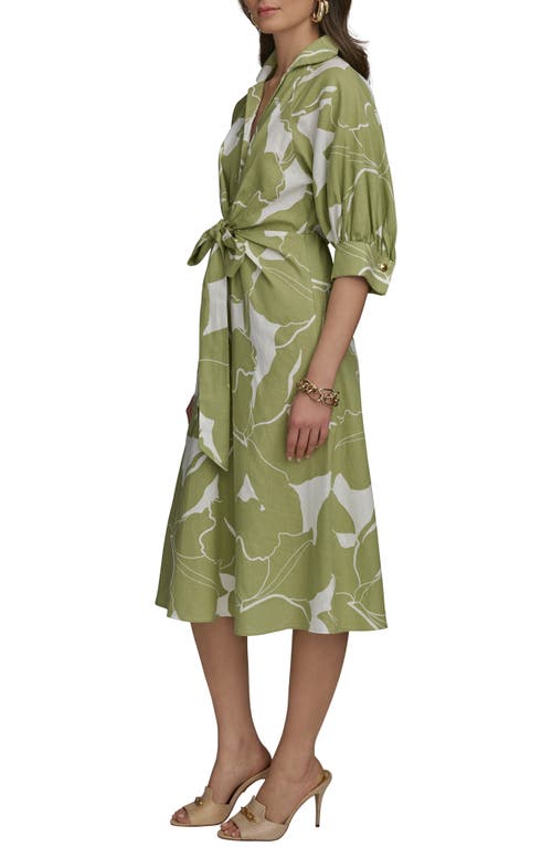 Donna Karan New York Print Tie Waist Linen Blend Midi Shirtdress In Green
