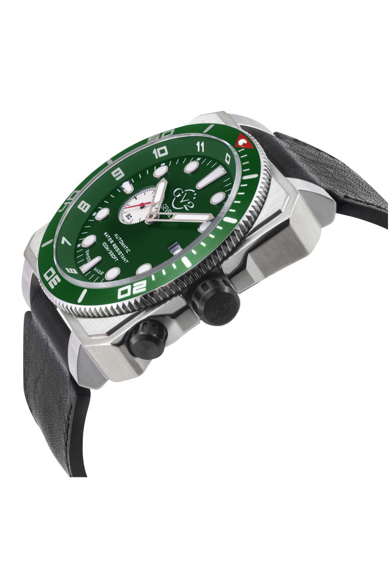 XO Submarine Swiss Automatic Leather Strap Watch, 48mm, Alternate, color, BLACK