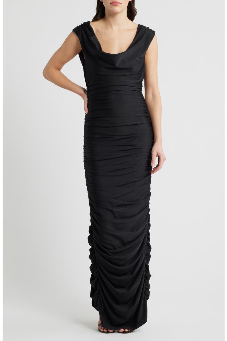 Evangeline Ruched Satin Gown, Main, color, BLACK