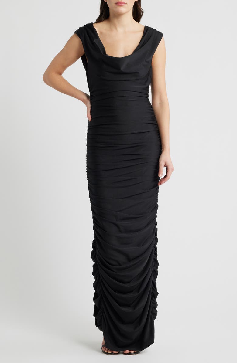 Black Halo Evangeline Ruched Satin Gown, Main, color, Black