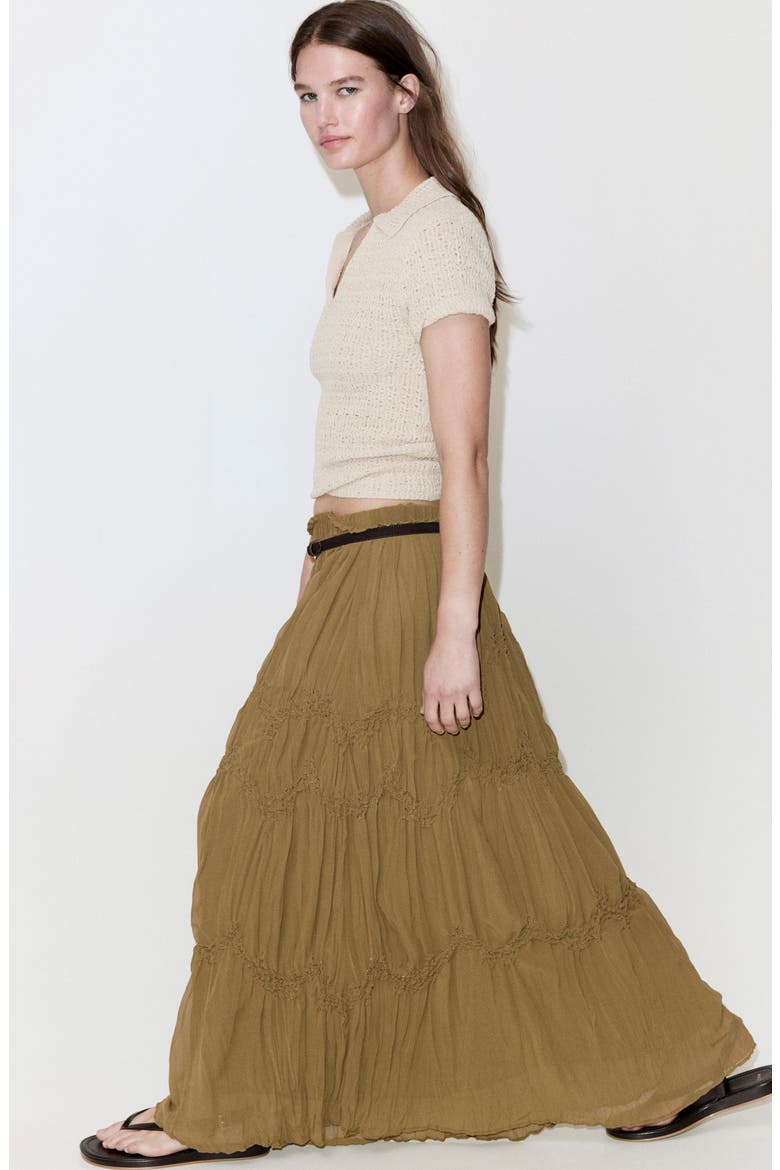 Beaded Shirred Mid Rise Tiered Maxi Skirt, Alternate, color, BROWN