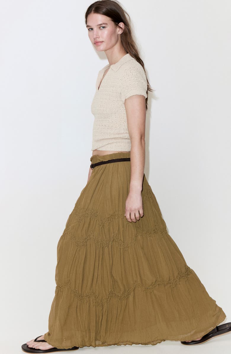 MANGO Beaded Shirred Mid Rise Tiered Maxi Skirt, Alternate, color, Brown