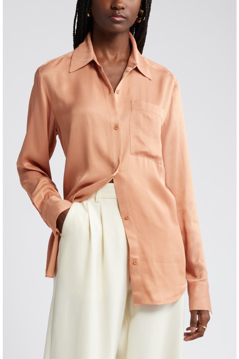 Pocket Satin Button-Up Shirt, Main, color, TAN CORK