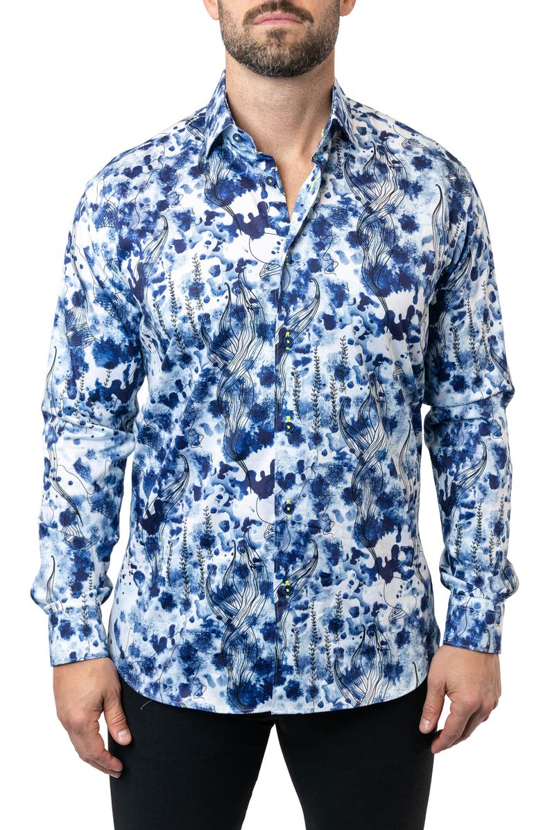 Maceoo Fibonacci Atlantis Blue Egyptian Cotton Button-Up Shirt, Main, color, 