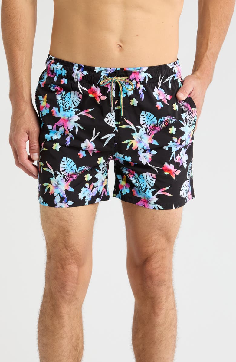 Bugatchi Tropical Print Swim Shorts, Main, color,