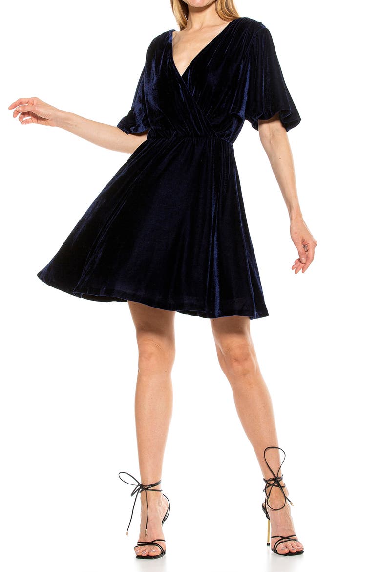 Oakless Velvet Flutter Sleeve Fit & Flare Dress, Alternate, color, NAVY