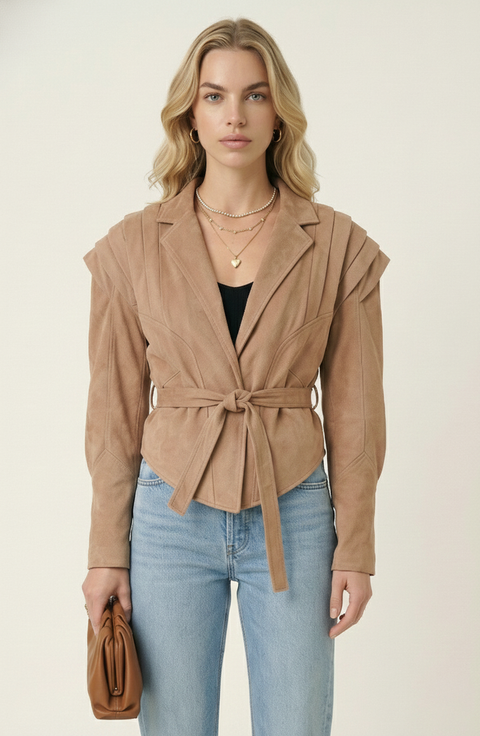 Structured Belted Pleated Shoulder Jacket