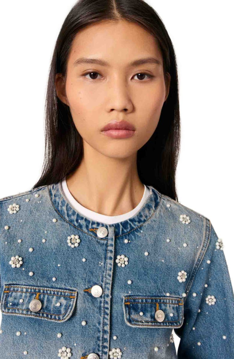 maje Embroidered denim jacket, Alternate, color, Blue