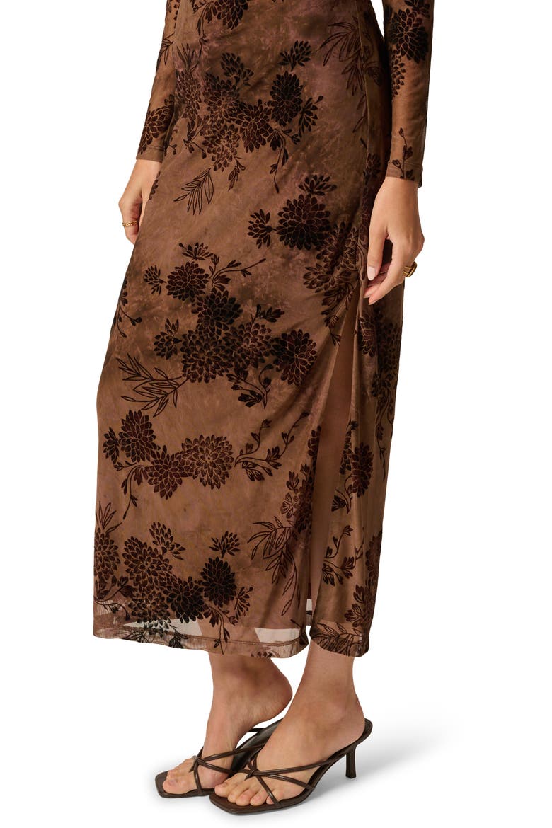 Off the Shoulder Long Sleeve Velvet Mesh Maxi Dress, Alternate, color, CHOCOLATE