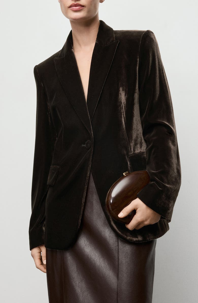 MANGO Structured Velvet Blazer, Main, color, Chocolate