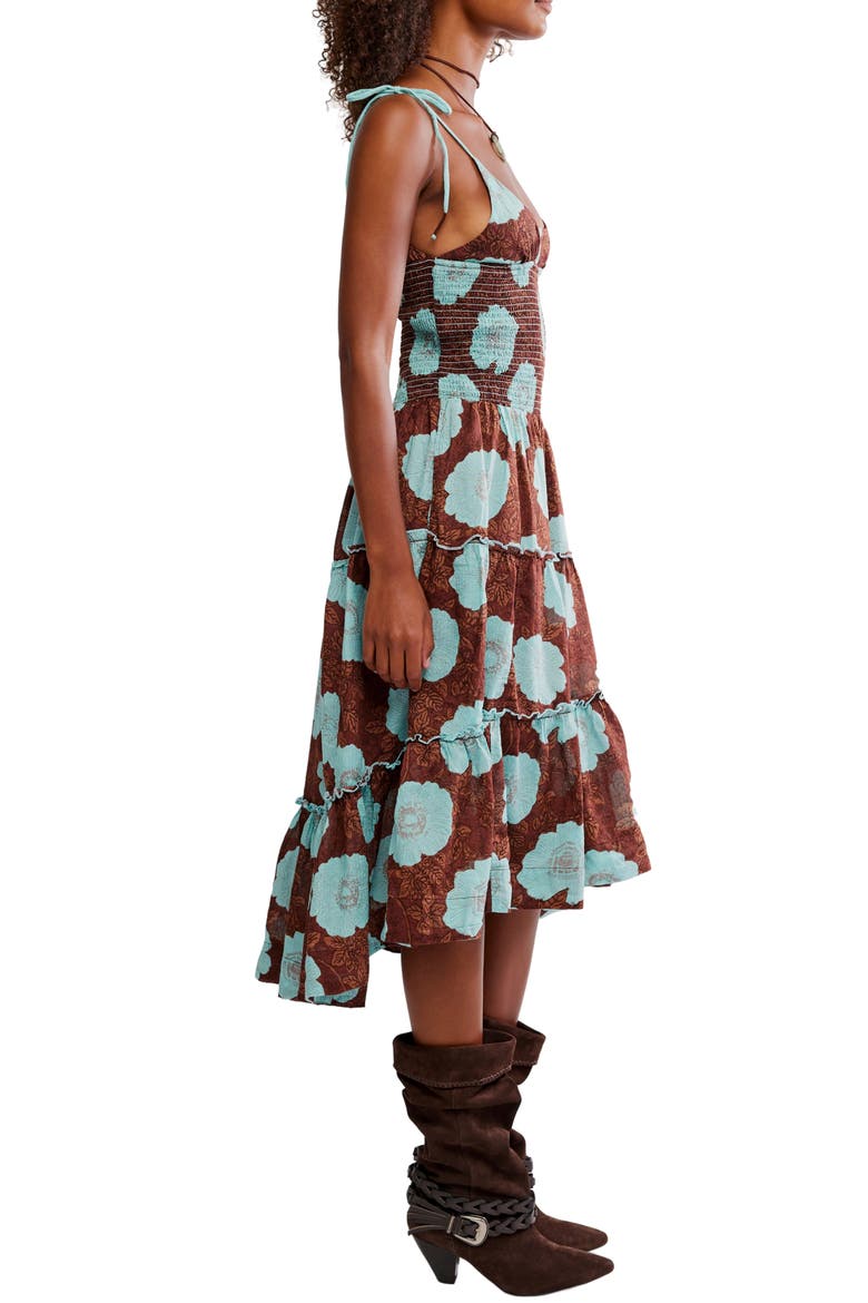 Adriel Tie Strap Tiered Midi Dress, Alternate, color, NUTMEG COMBO