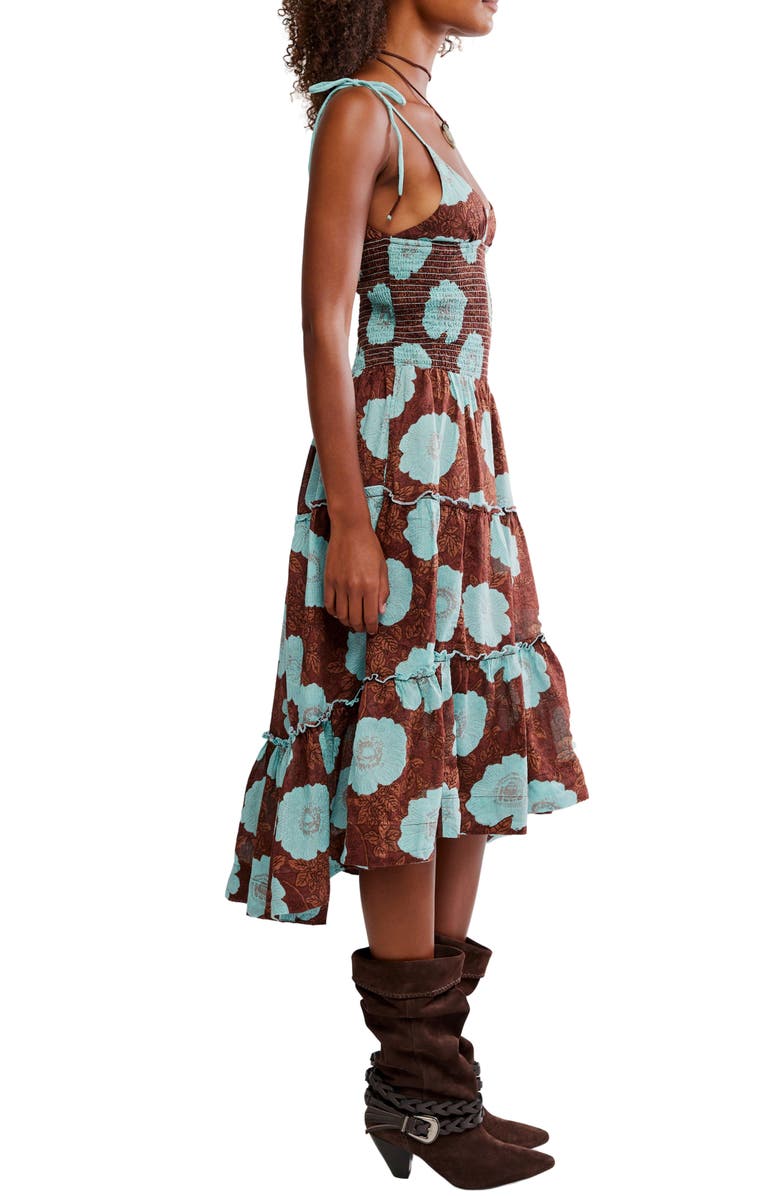 Free People Adriel Tie Strap Tiered Midi Dress, Alternate, color, Nutmeg Combo