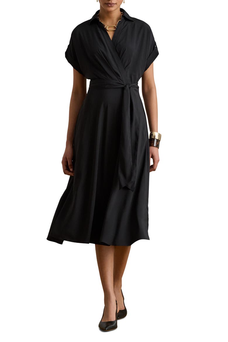 Belted Crêpe Dress, Main, color, BLACK