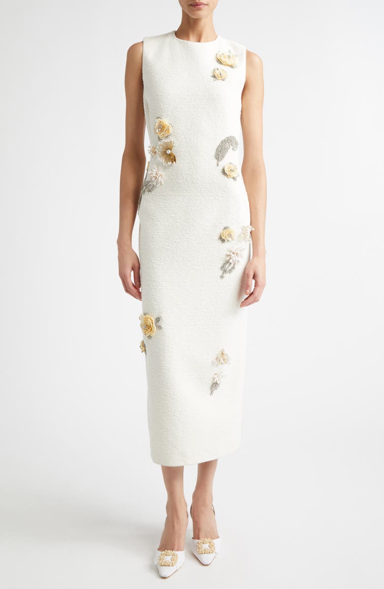 Oscar de la Renta Brooch Embroidered Sleeveless Tweed Cocktail Dress, Main, color, Ivory