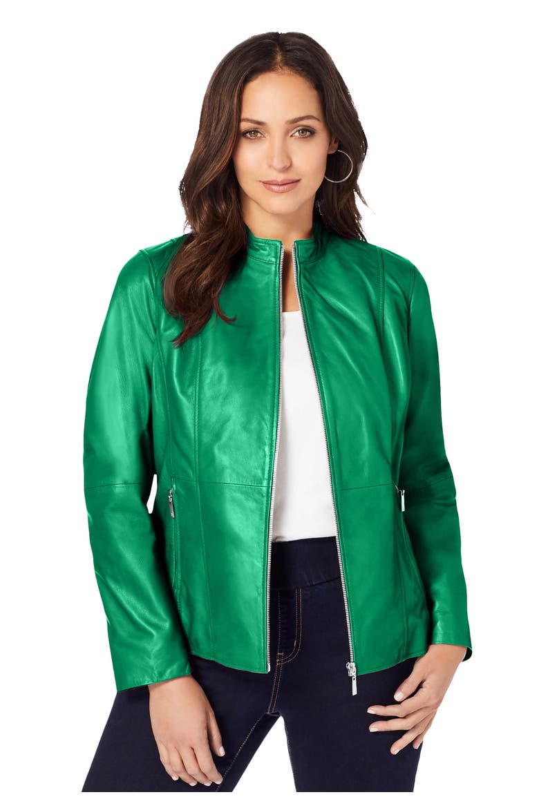 Zip Front Leather Jacket, Main, color, KELLY GREEN