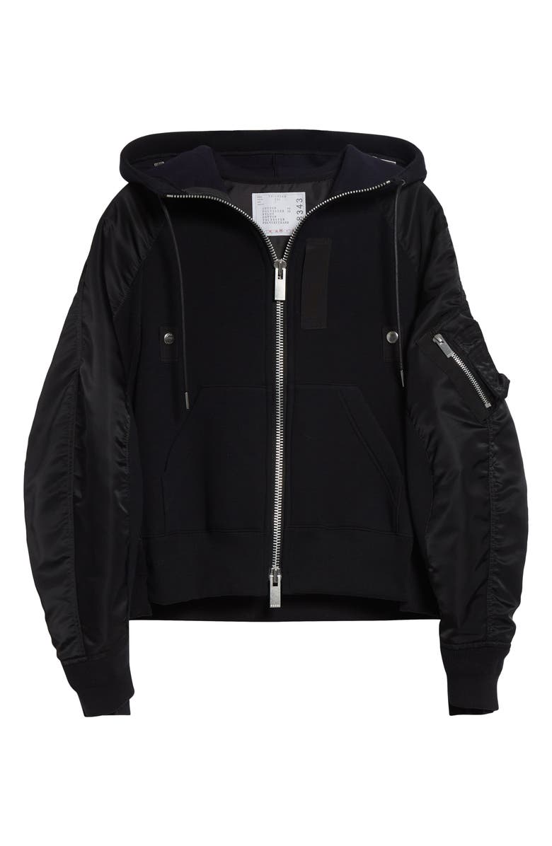 Sacai Sponge Sweat x Nylon Twill Full Zip Hoodie, Main, color, Black