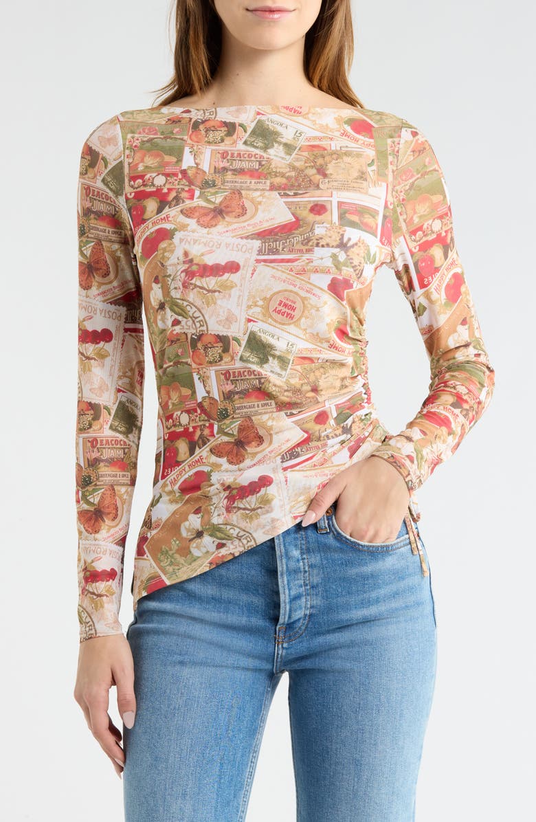 Madden Girl Boat Neck Asymmetrical Ruched Long Sleeve Top, Main, color, Rust Combo